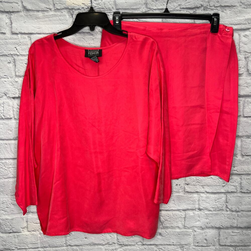 Vintage Eileen Fisher Womens Skirt Set Silk Bright Pink Size M Long Sleeve Wrap